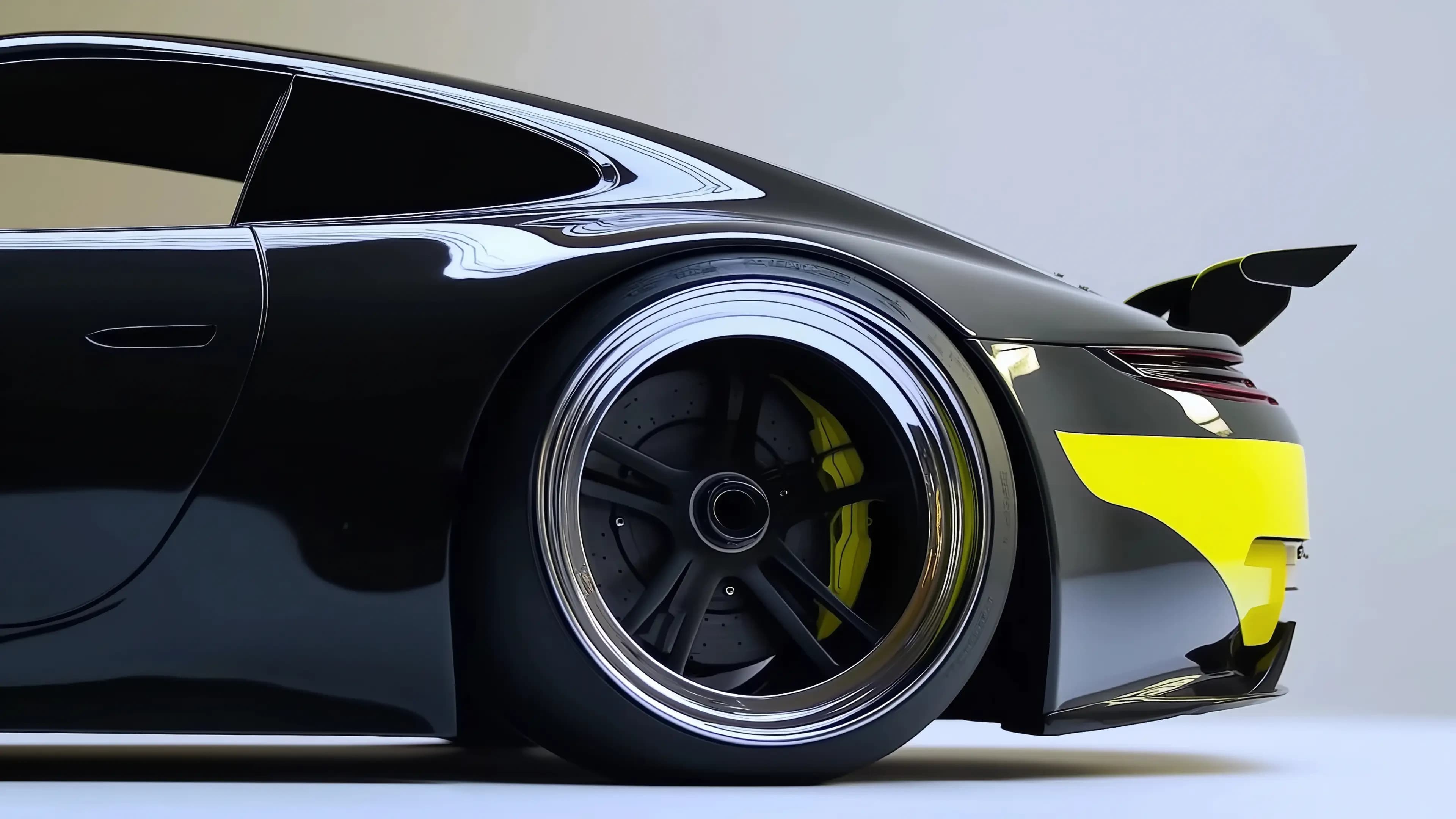 Close view of a performance car wheel and tire