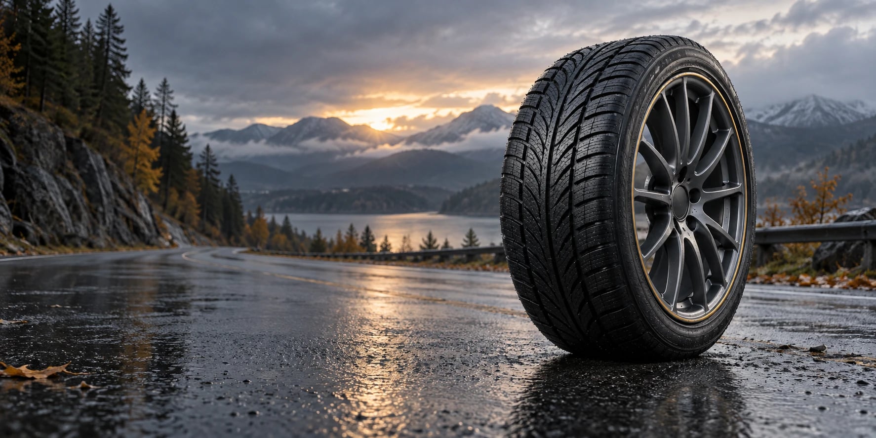 All-weather tire on a wet Canadian mountain road during the shoulder season