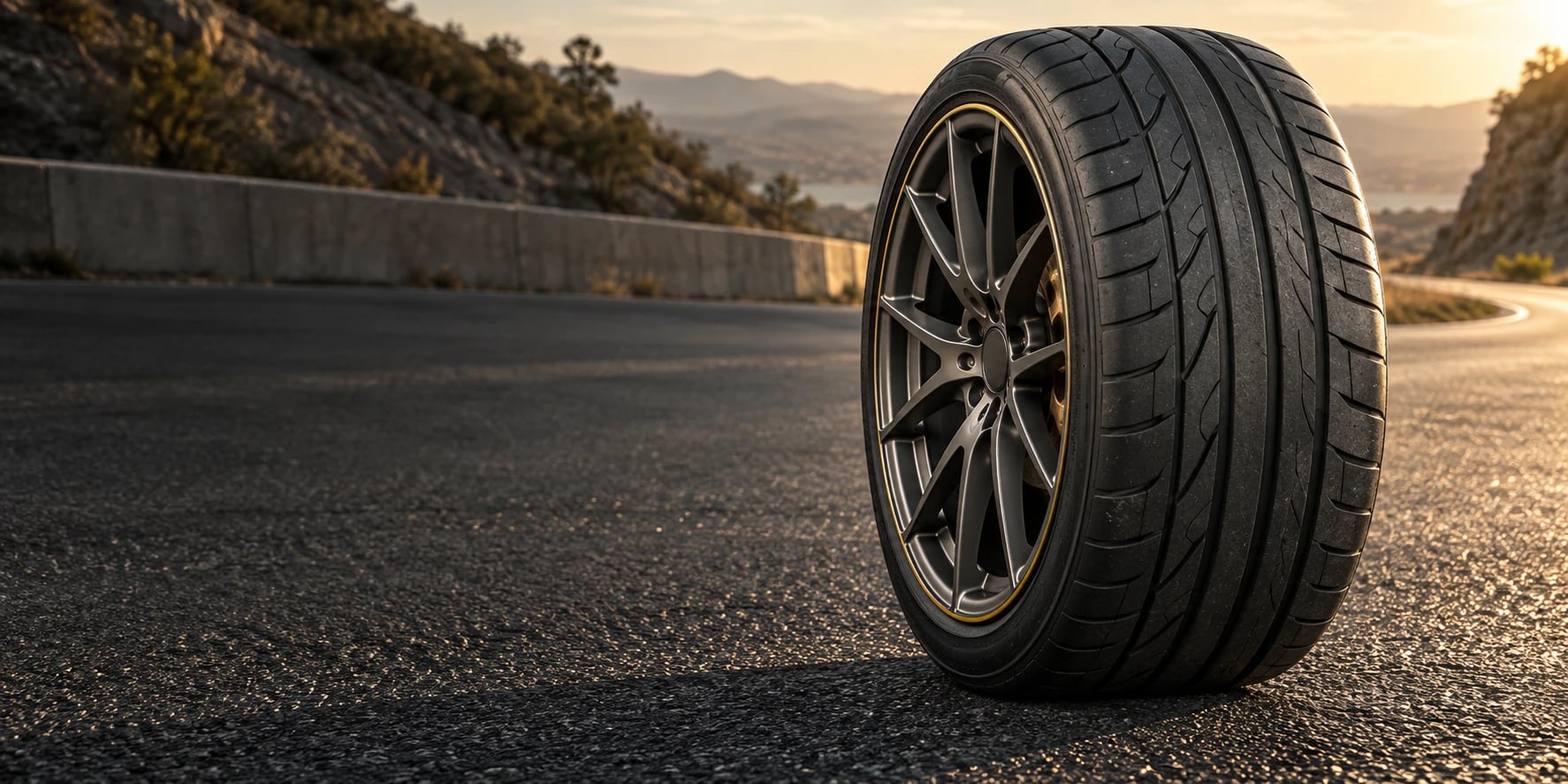 Wide summer performance tire and graphite wheel on a warm dry road