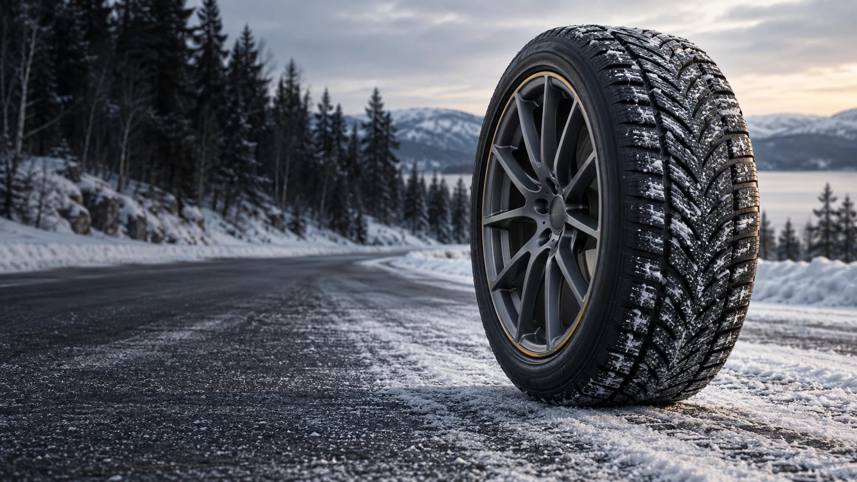 Winter tire with deep siping on a snow-lined Canadian road